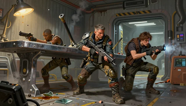 Bar fight before the fix: three people posing in a hangar