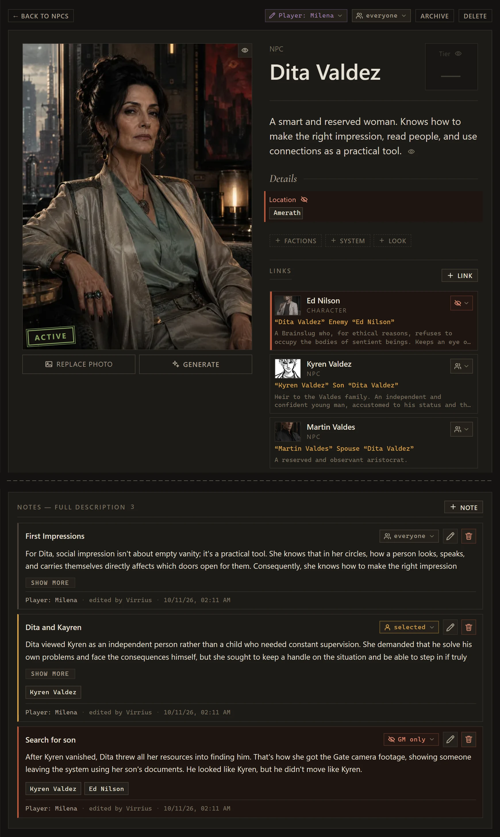 An NPC page seen by the GM
