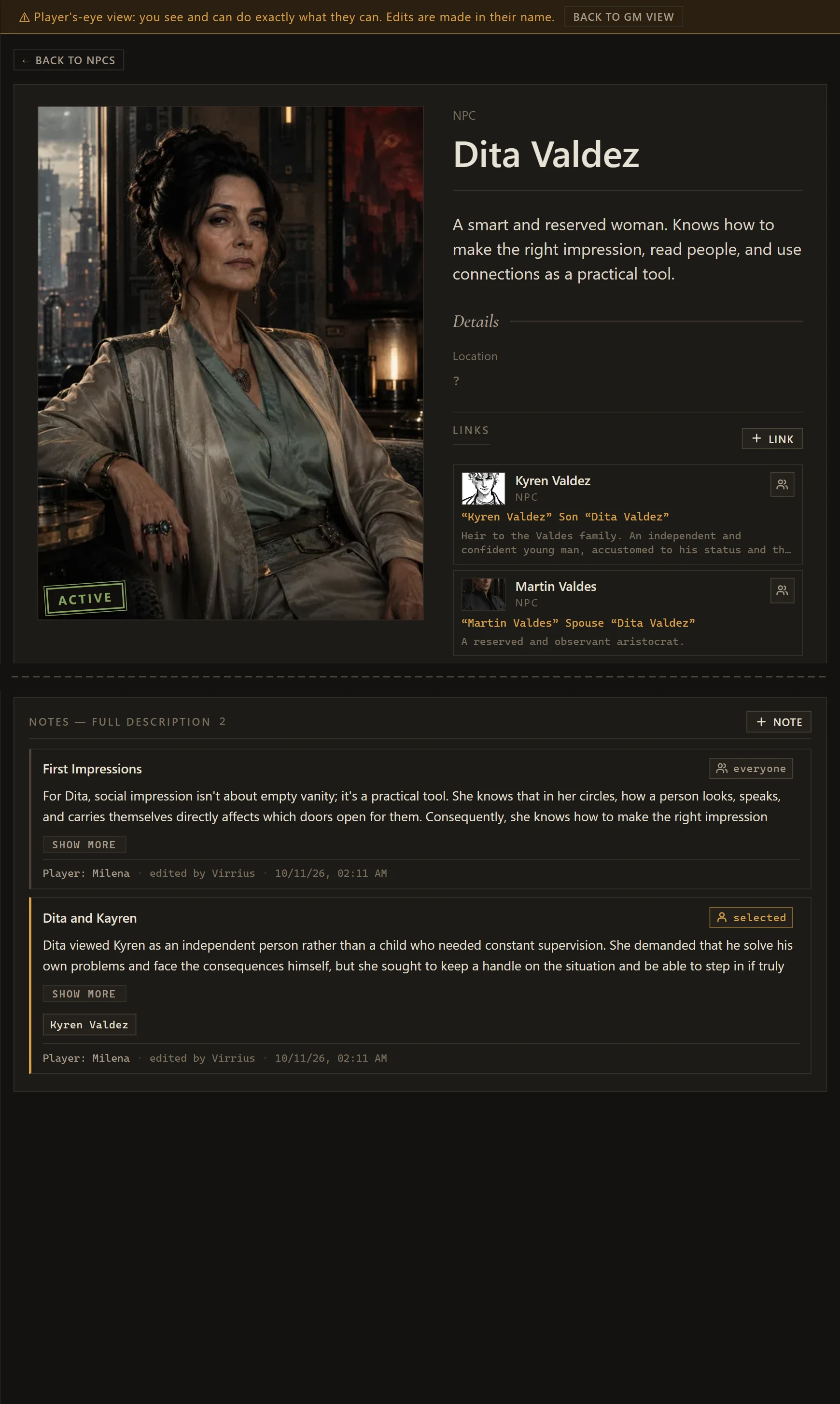 The same NPC page seen by a player