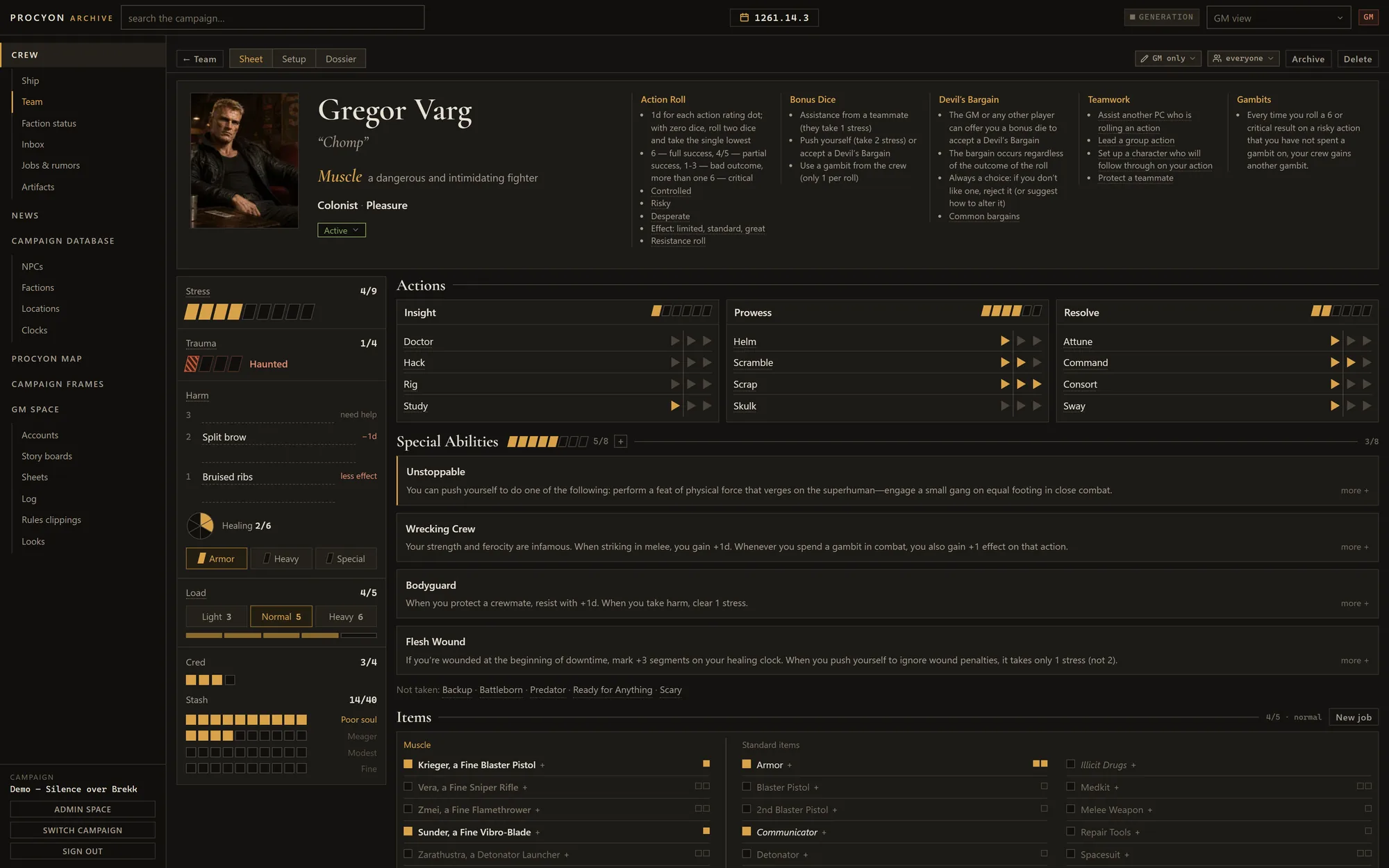A character sheet