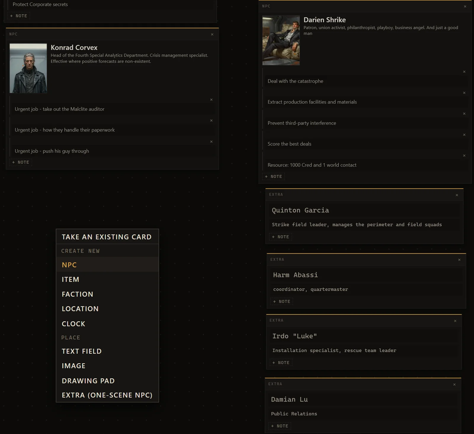 The right-click menu on a story board