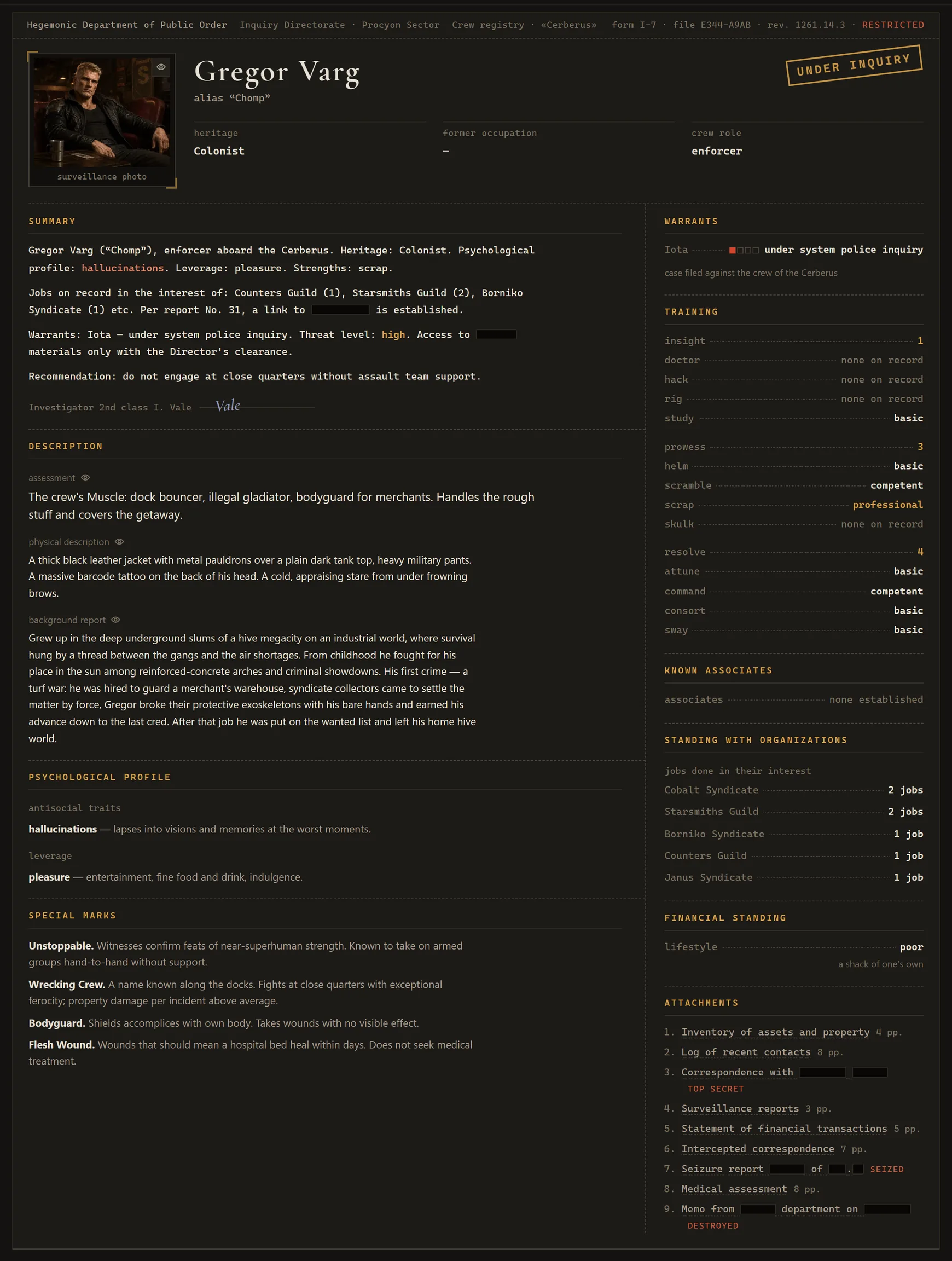A character dossier