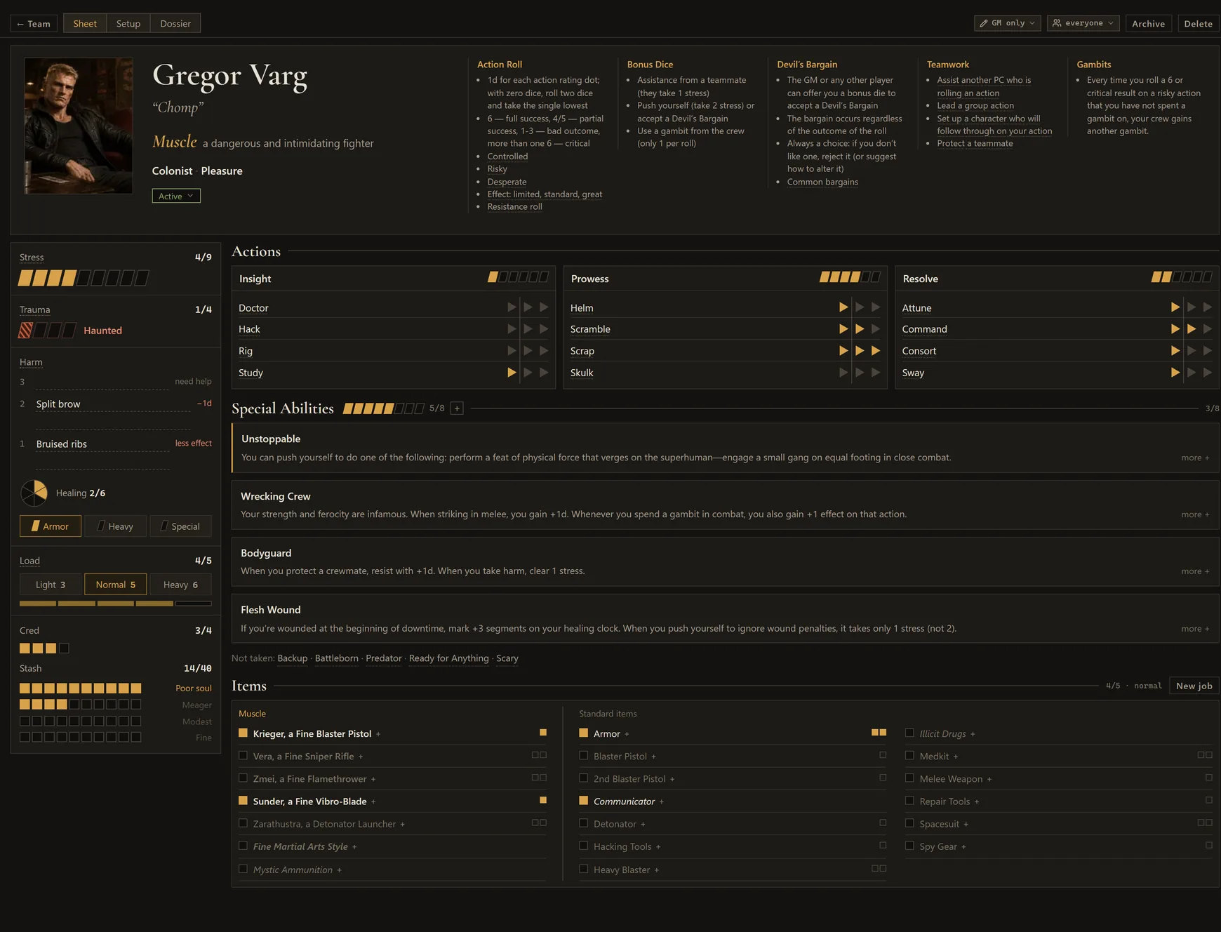 A character sheet