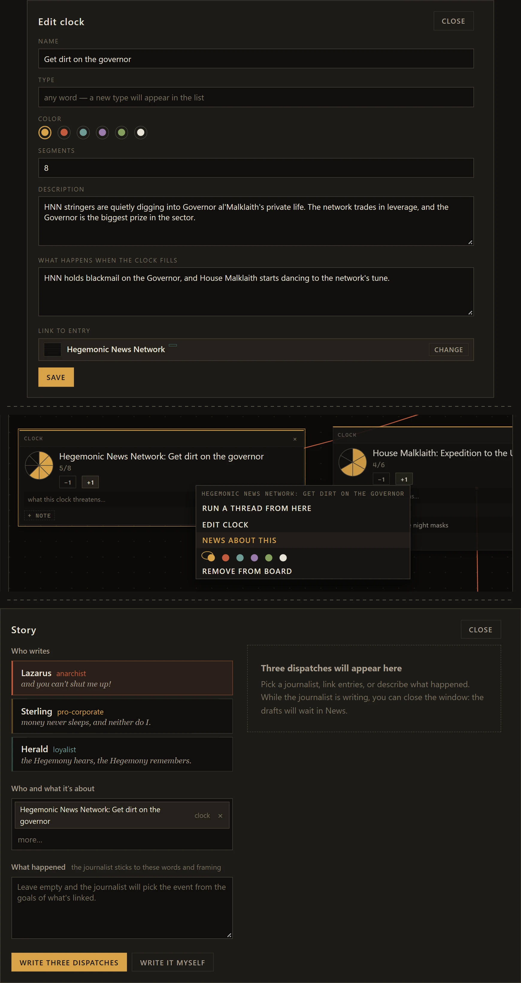 Ordering a story from a faction clock